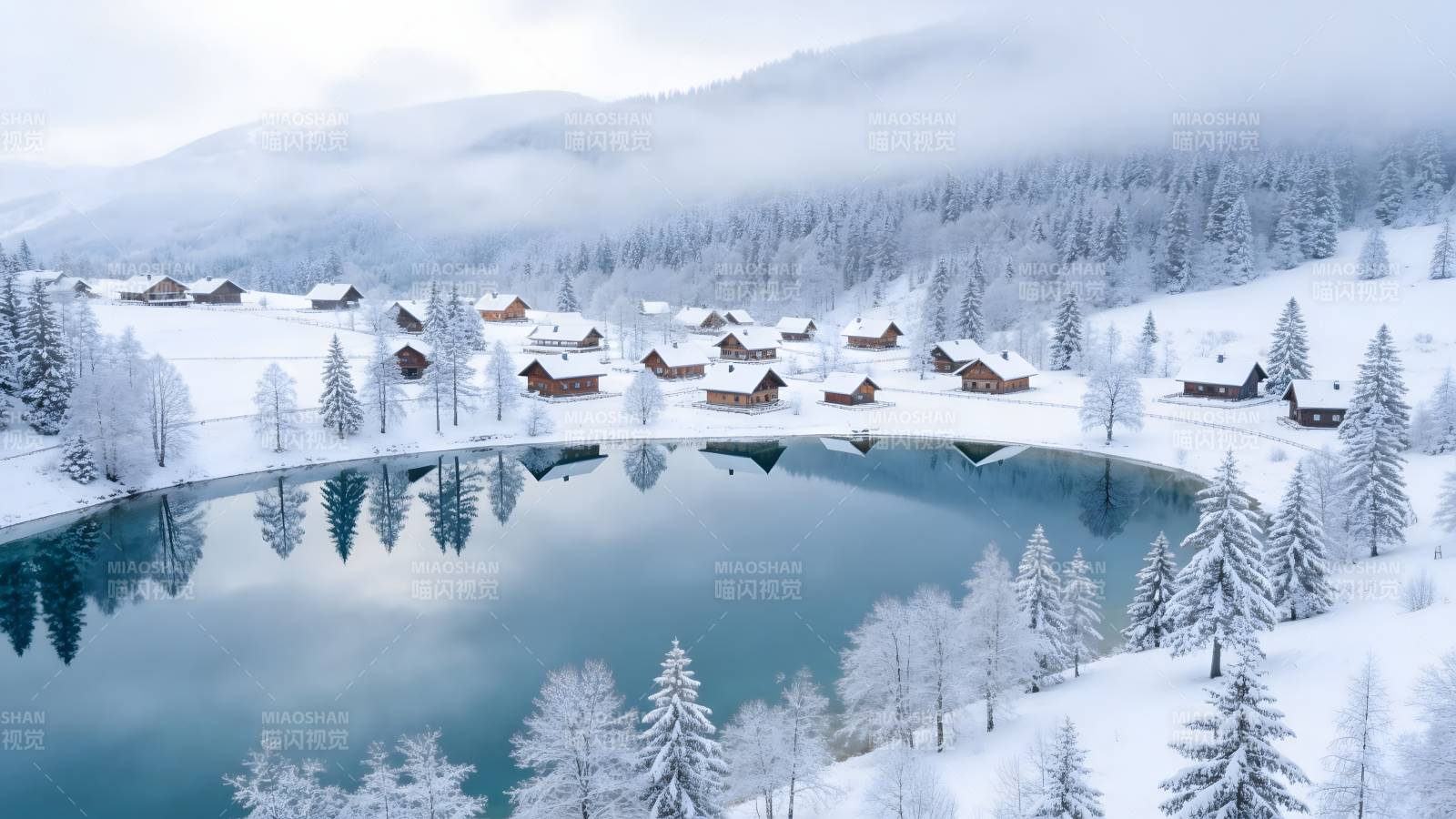 雪湖静谧村景图片