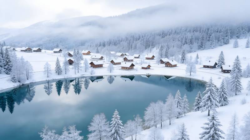 雪湖静谧村景图片