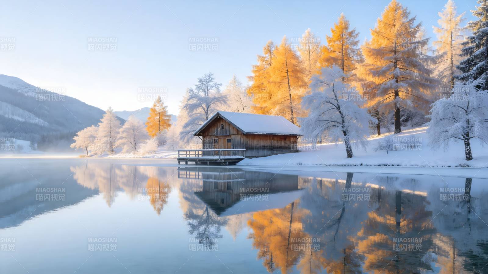 冬湖小屋倒影图片