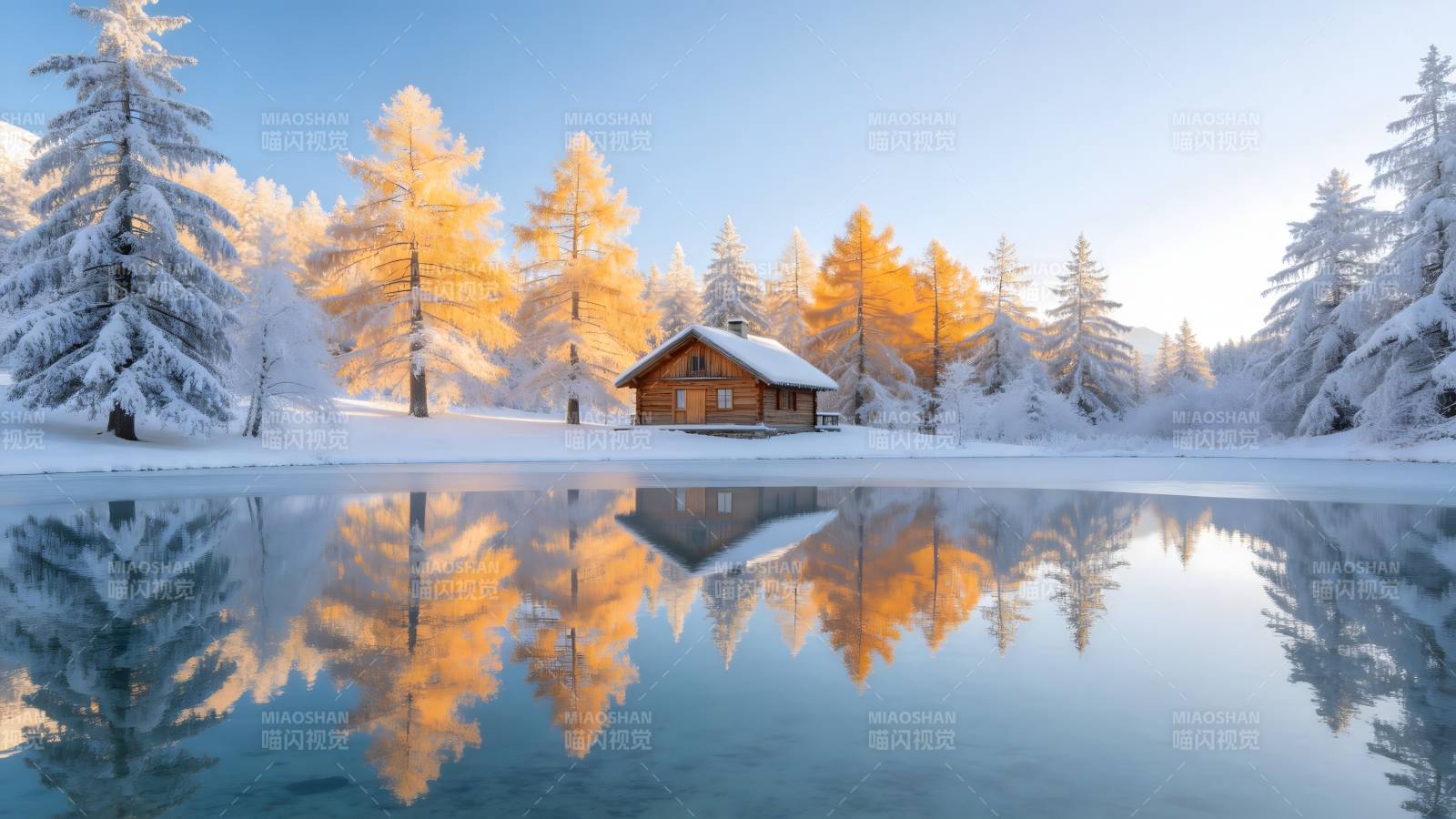 雪湖倒影小屋图片