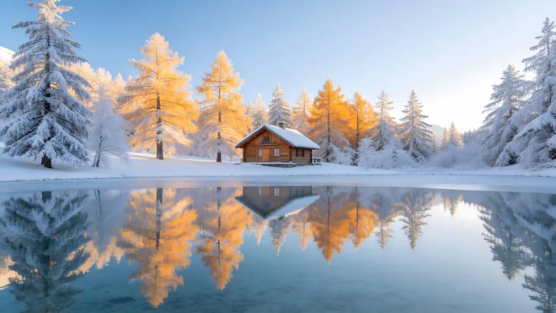 雪湖倒影小屋图片