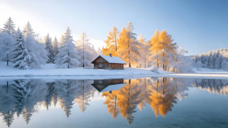 雪湖倒影小屋图片