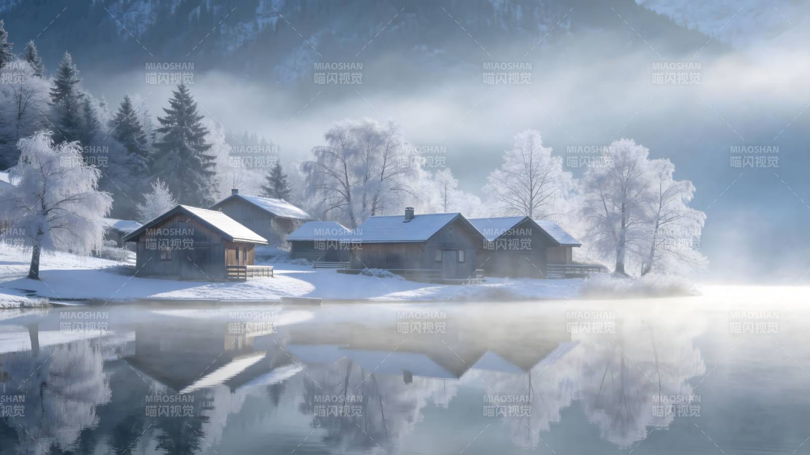 雪湖静谧村舍图片