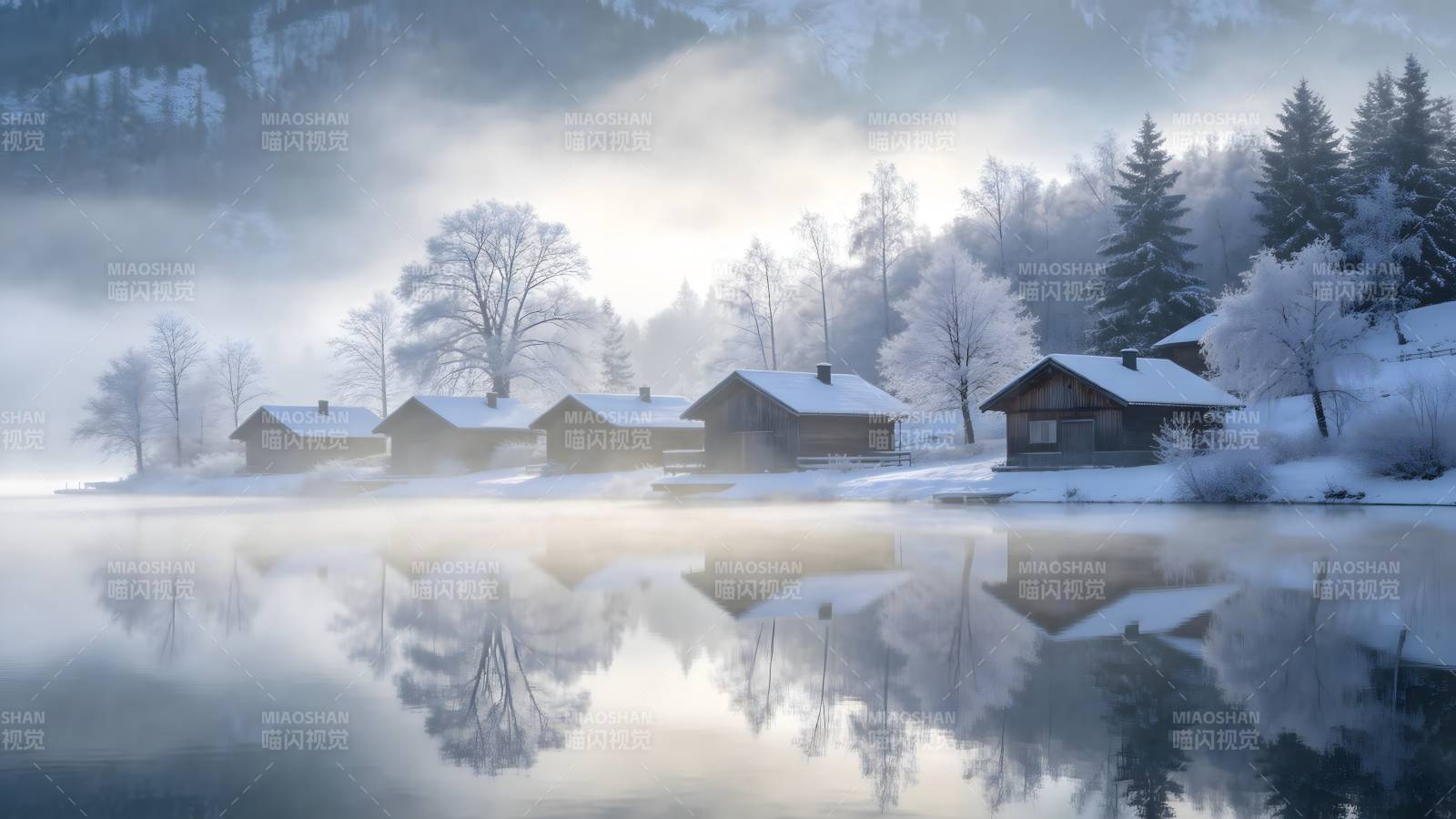雪湖晨景图片