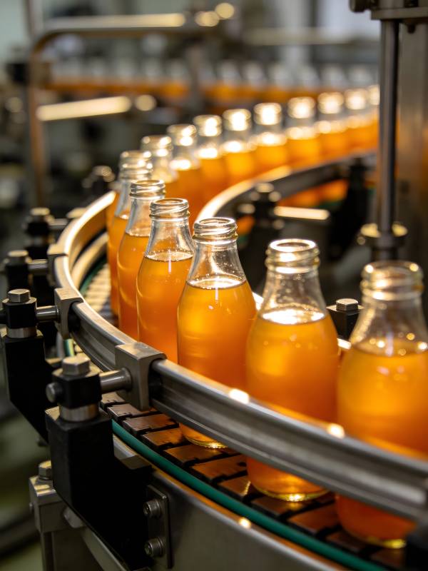 生产线上的橙色饮料瓶图片