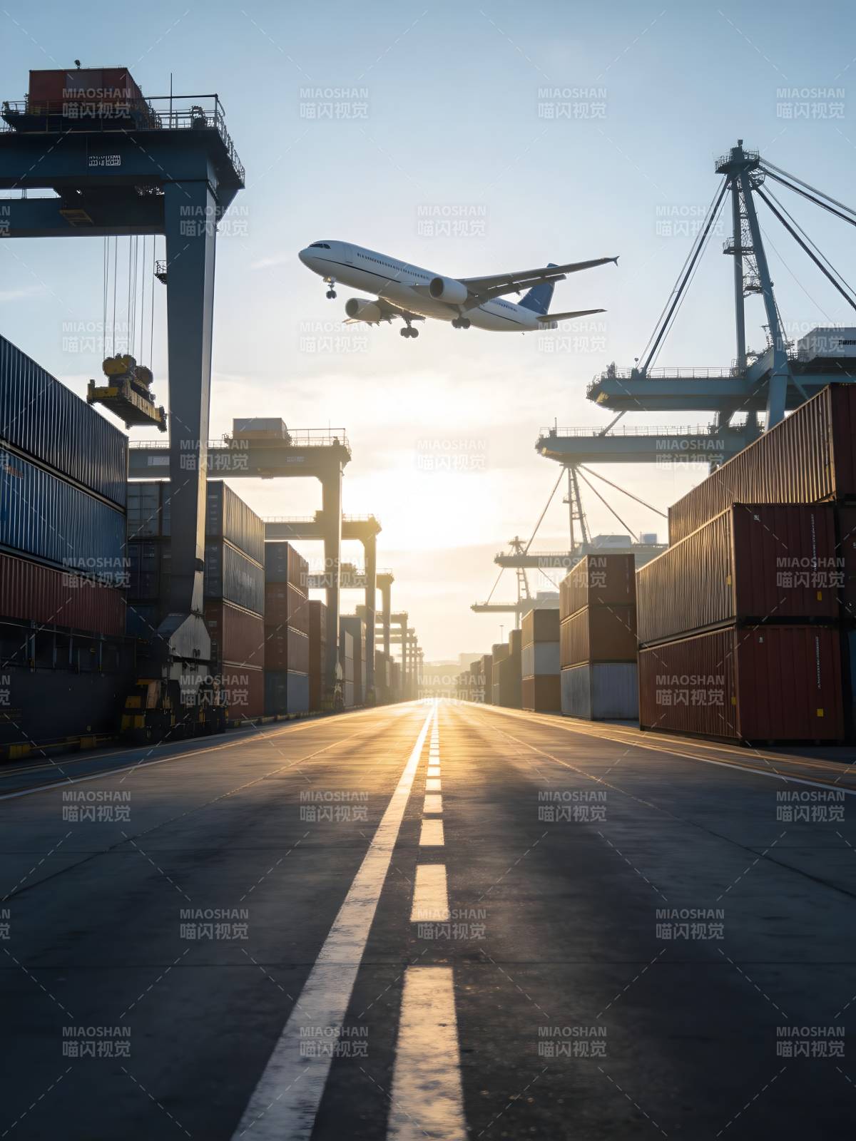 港口晨光 飞机掠过图片