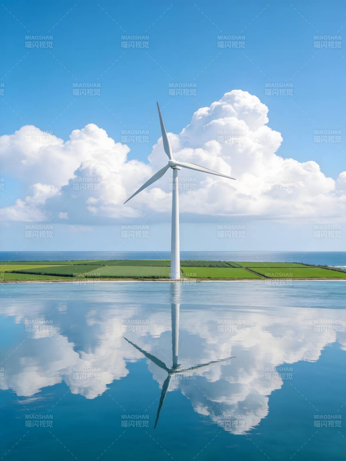 风车倒影蓝天白云图片