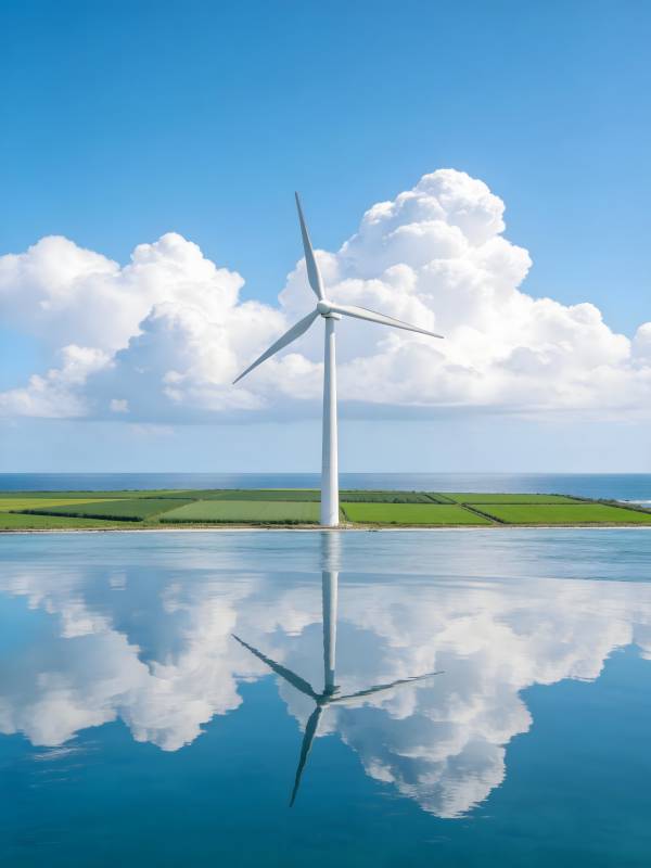 风车倒影蓝天白云图片