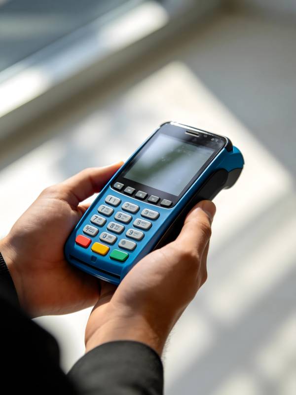 手持蓝色支付终端图片