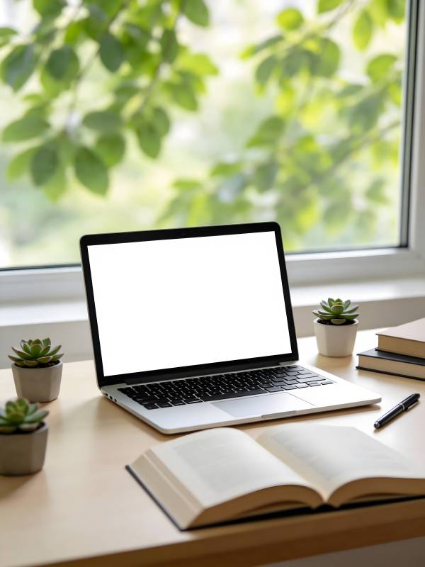 窗边办公桌上的笔记本图片