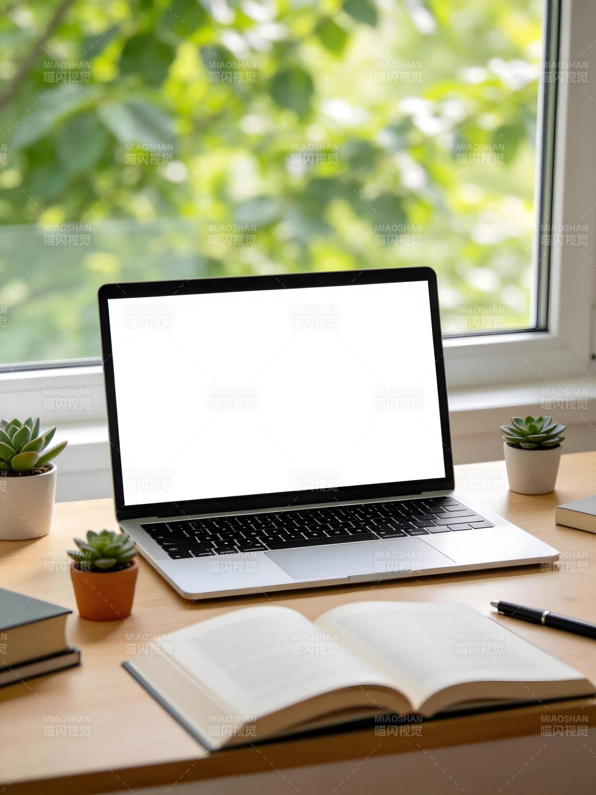 窗边办公桌上的笔记本图片