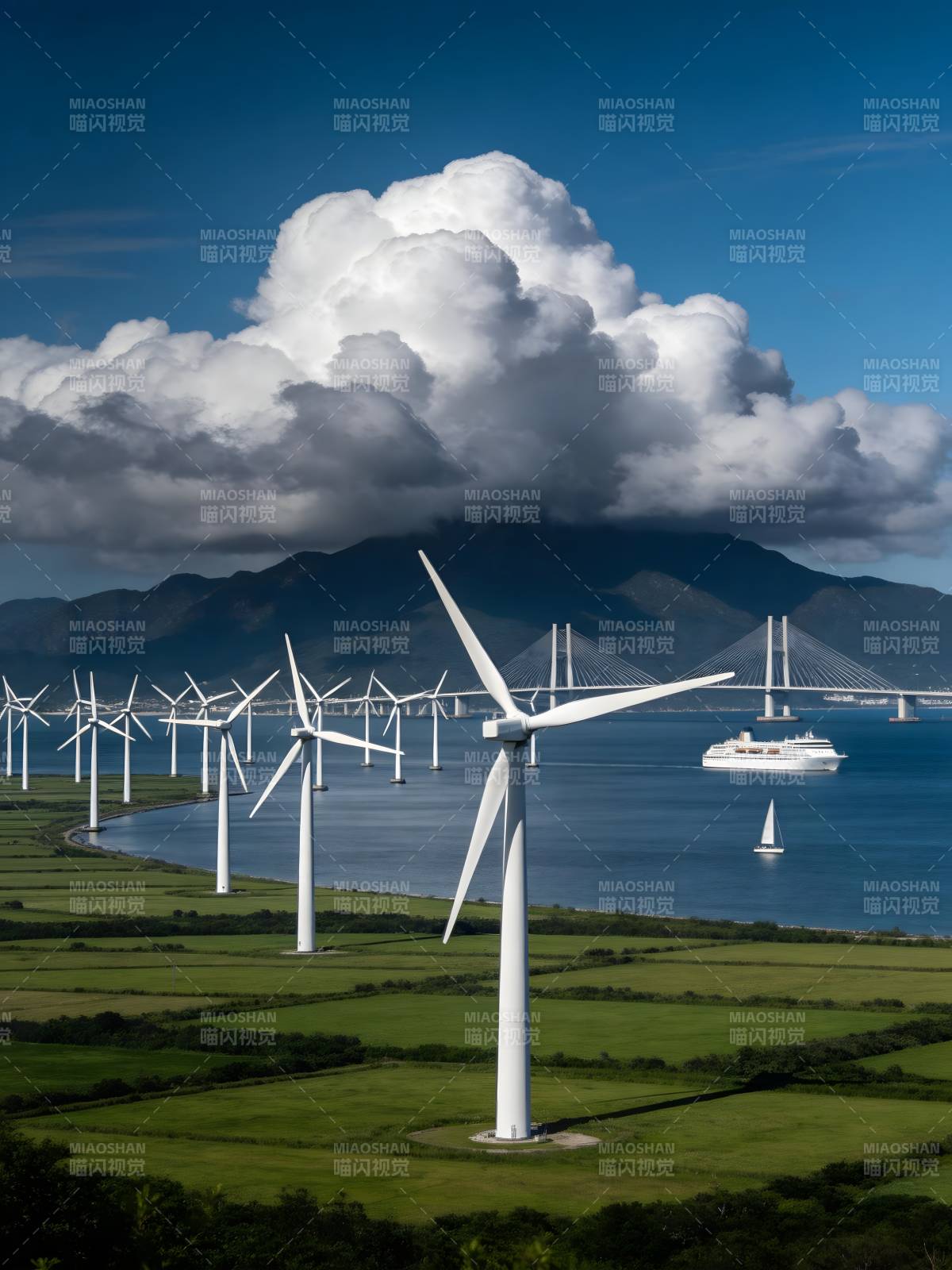 风车与大桥风光图片