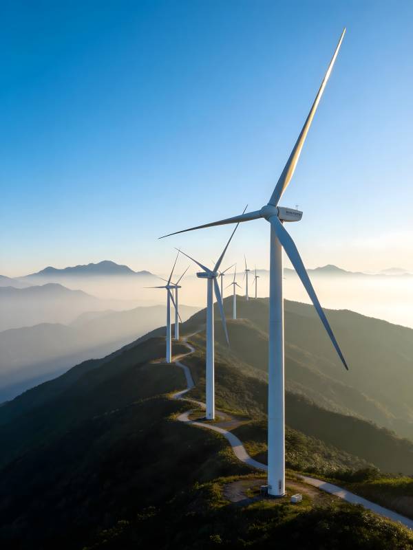 山巅风车迎晨光图片