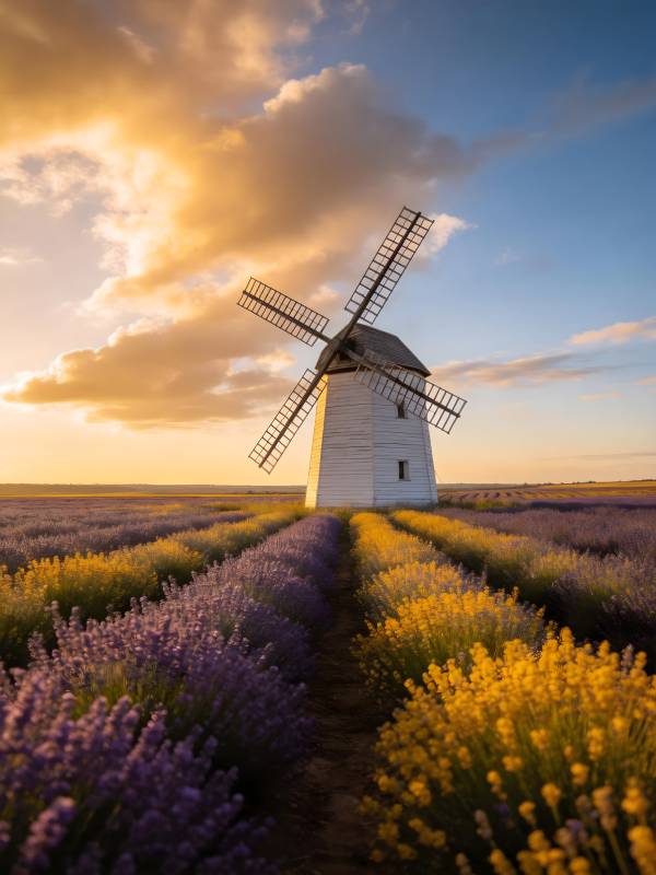 风车花海夕阳图片