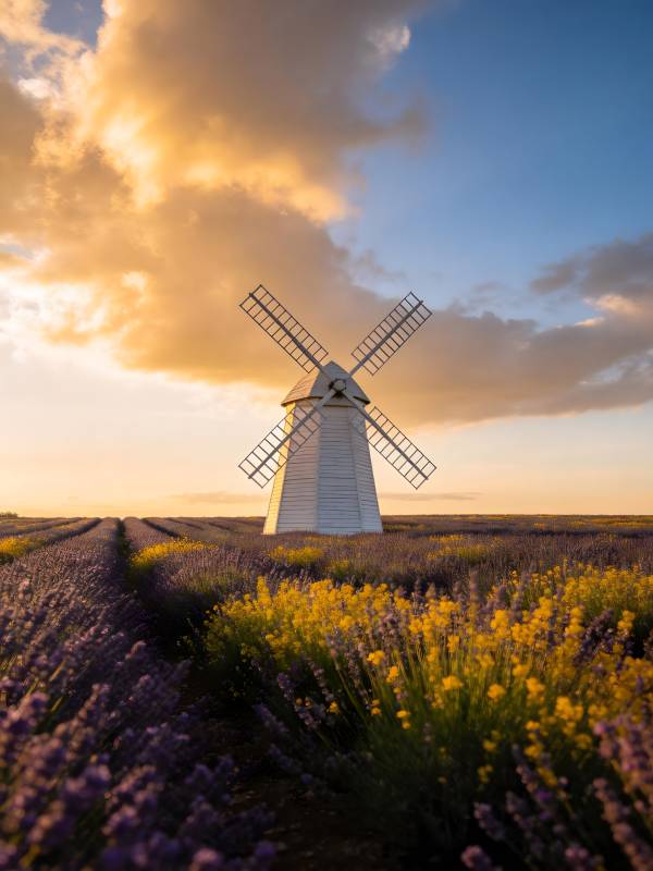 风车花海夕阳图片