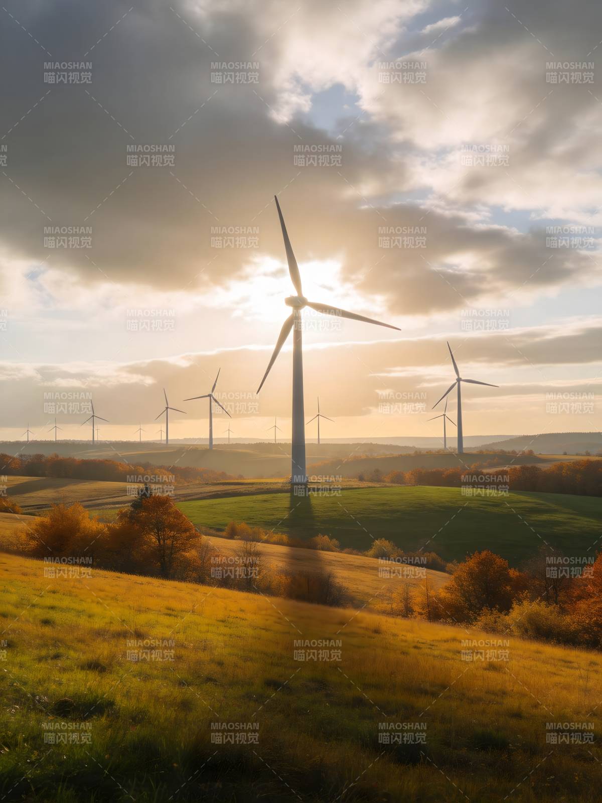 风车与夕阳图片