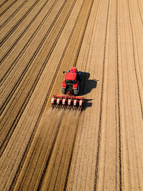 红色拖拉机耕作中图片