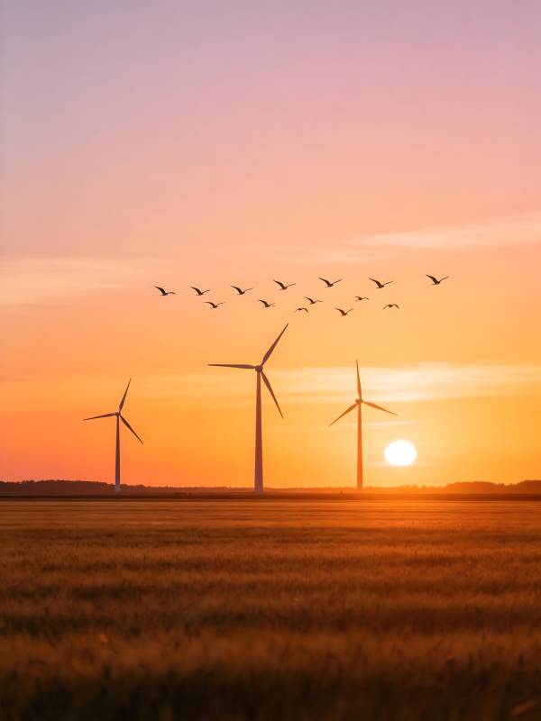 风车日落飞鸟图片