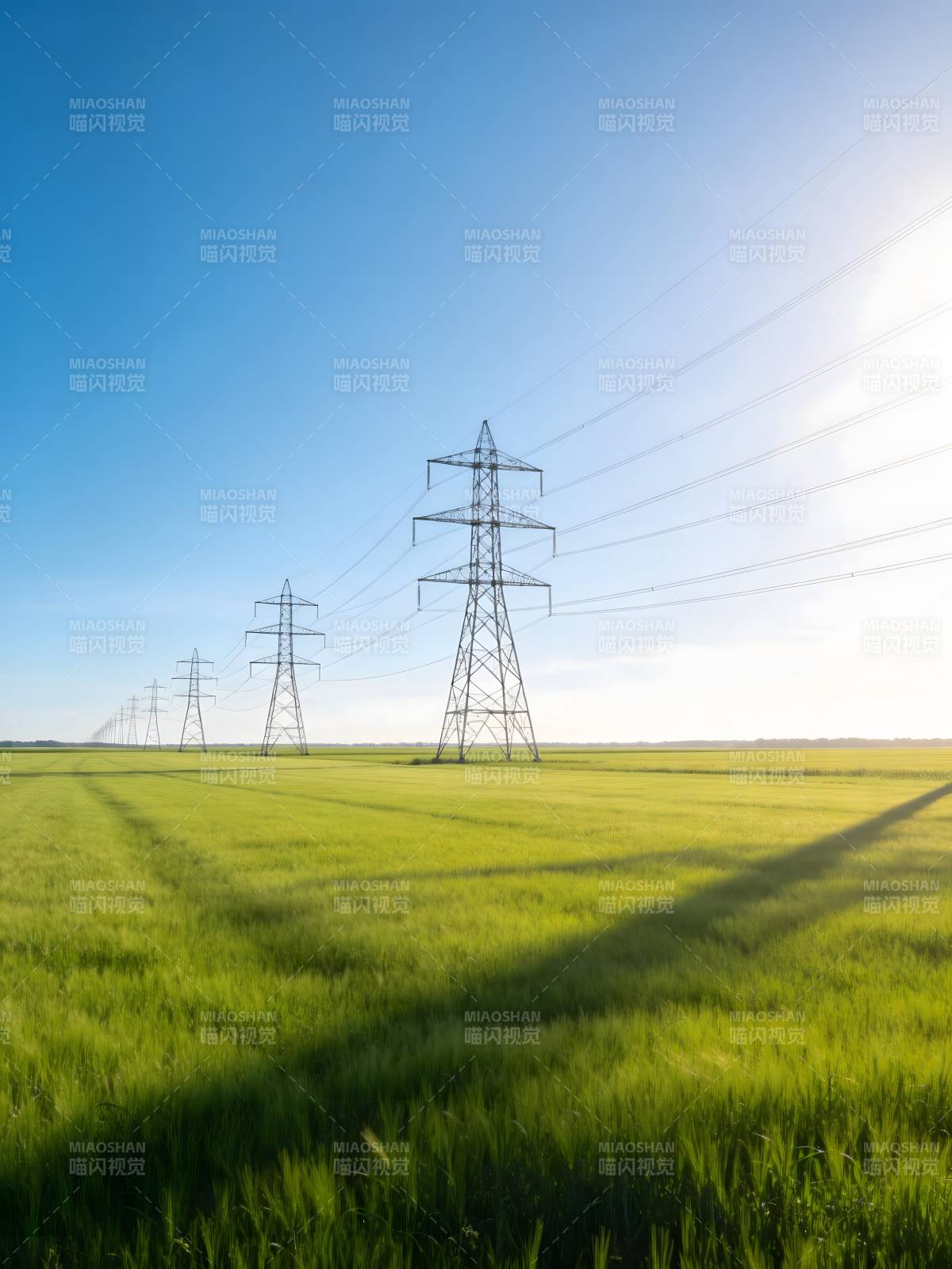 电塔穿行绿野间图片