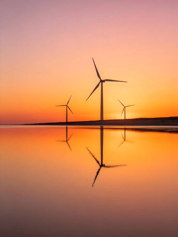 风车倒影夕阳美图片