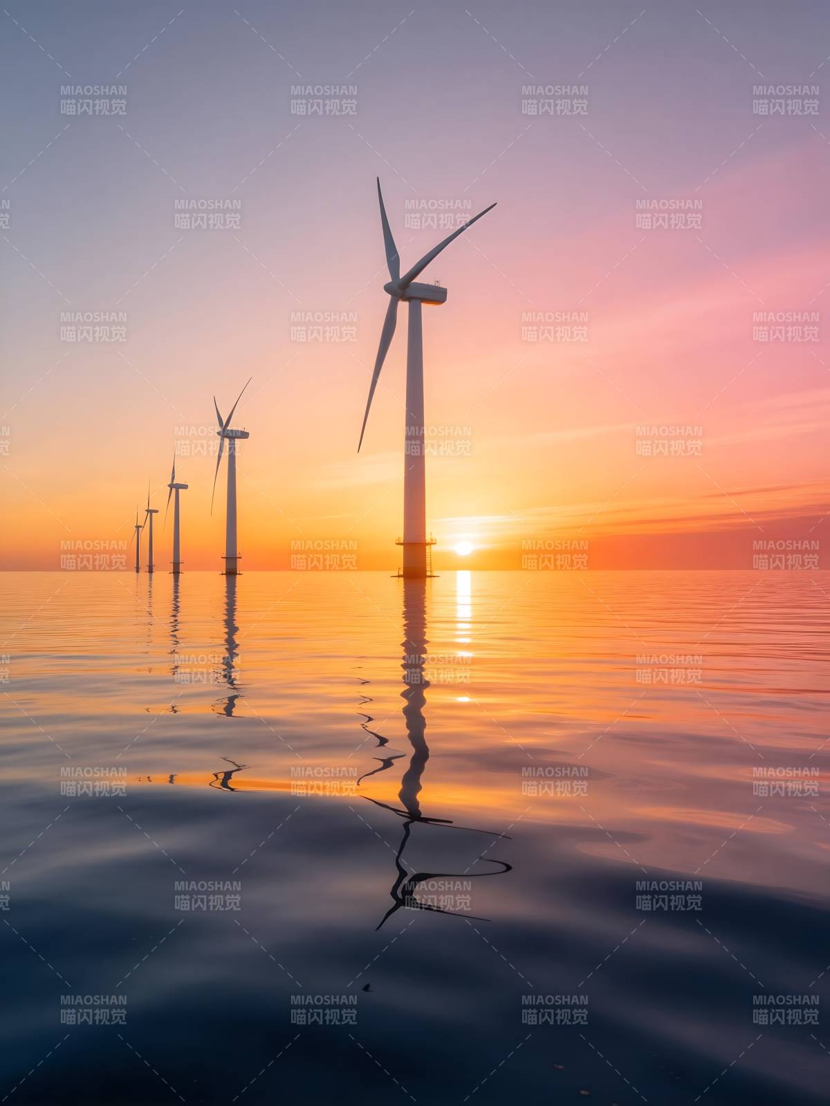 海上风车日落图片