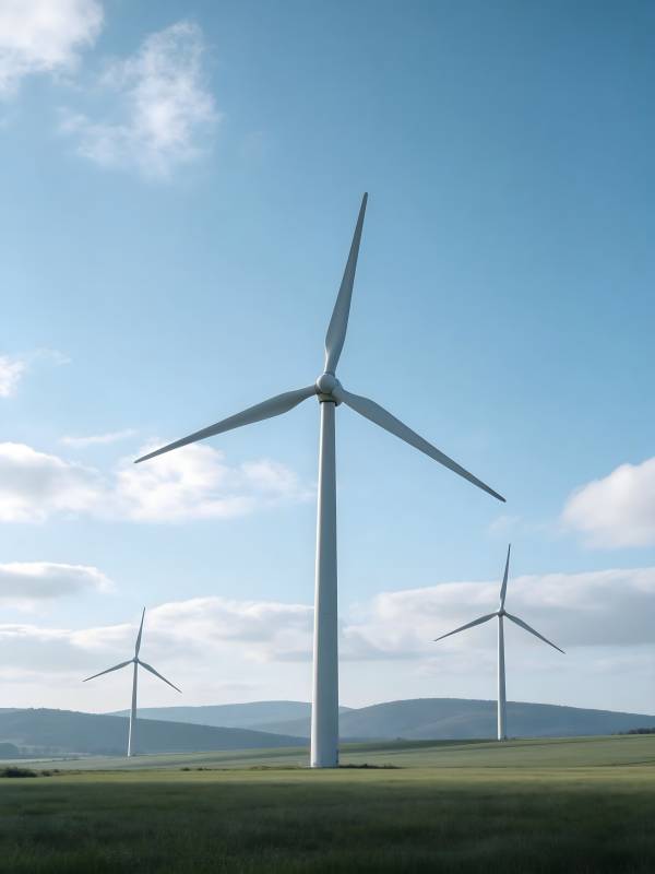 风车在蓝天下的田野图片