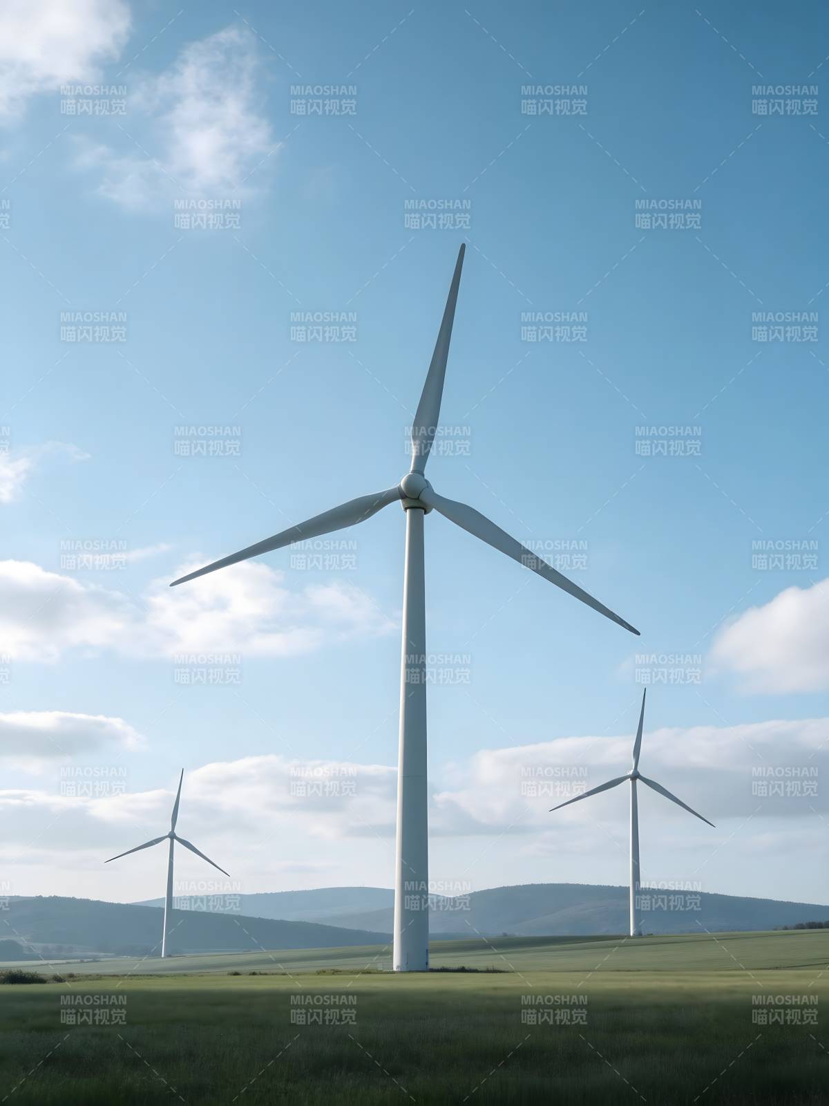 风车在蓝天下的田野图片