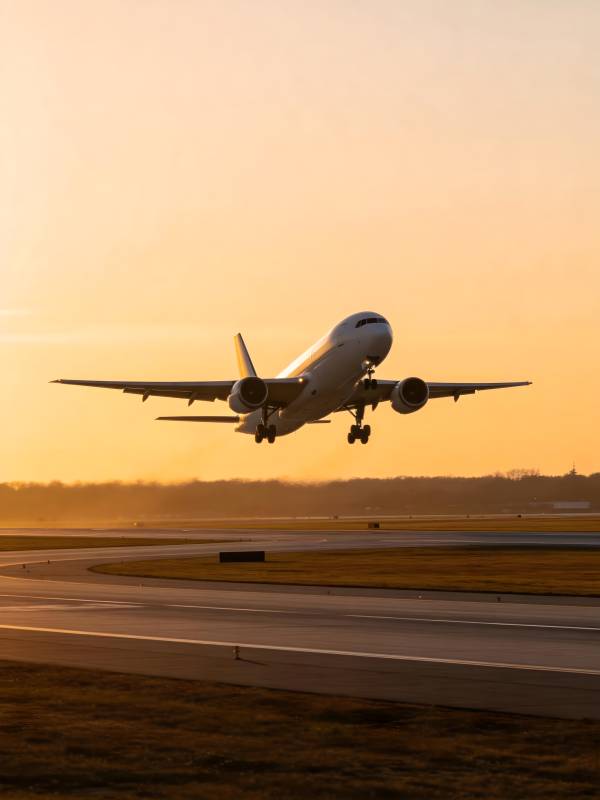 日落时分飞机起飞图片