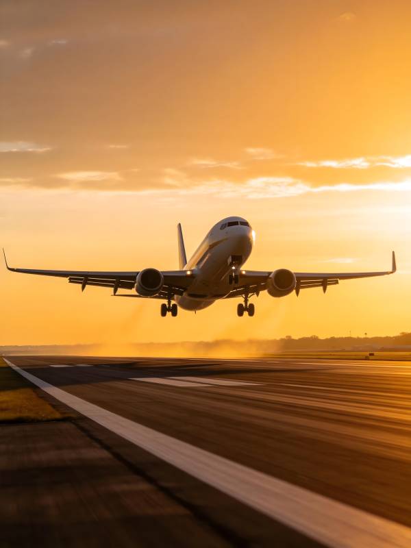 夕阳下的飞机起飞图片