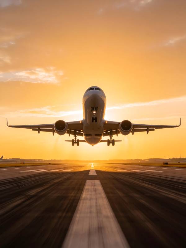 日落时分飞机起飞图片