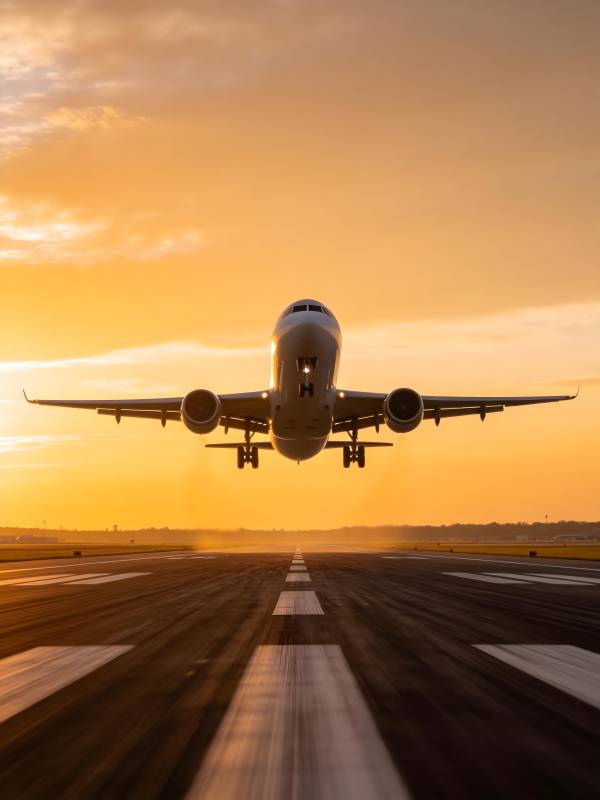 日落时分飞机起飞图片
