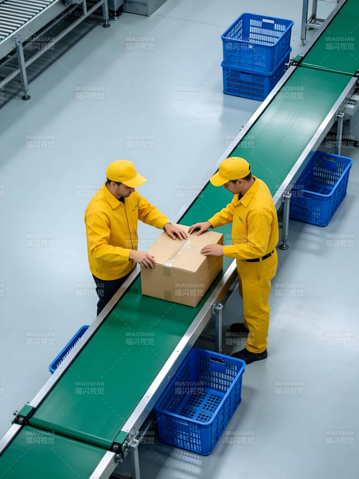 工人协作搬运包裹图片