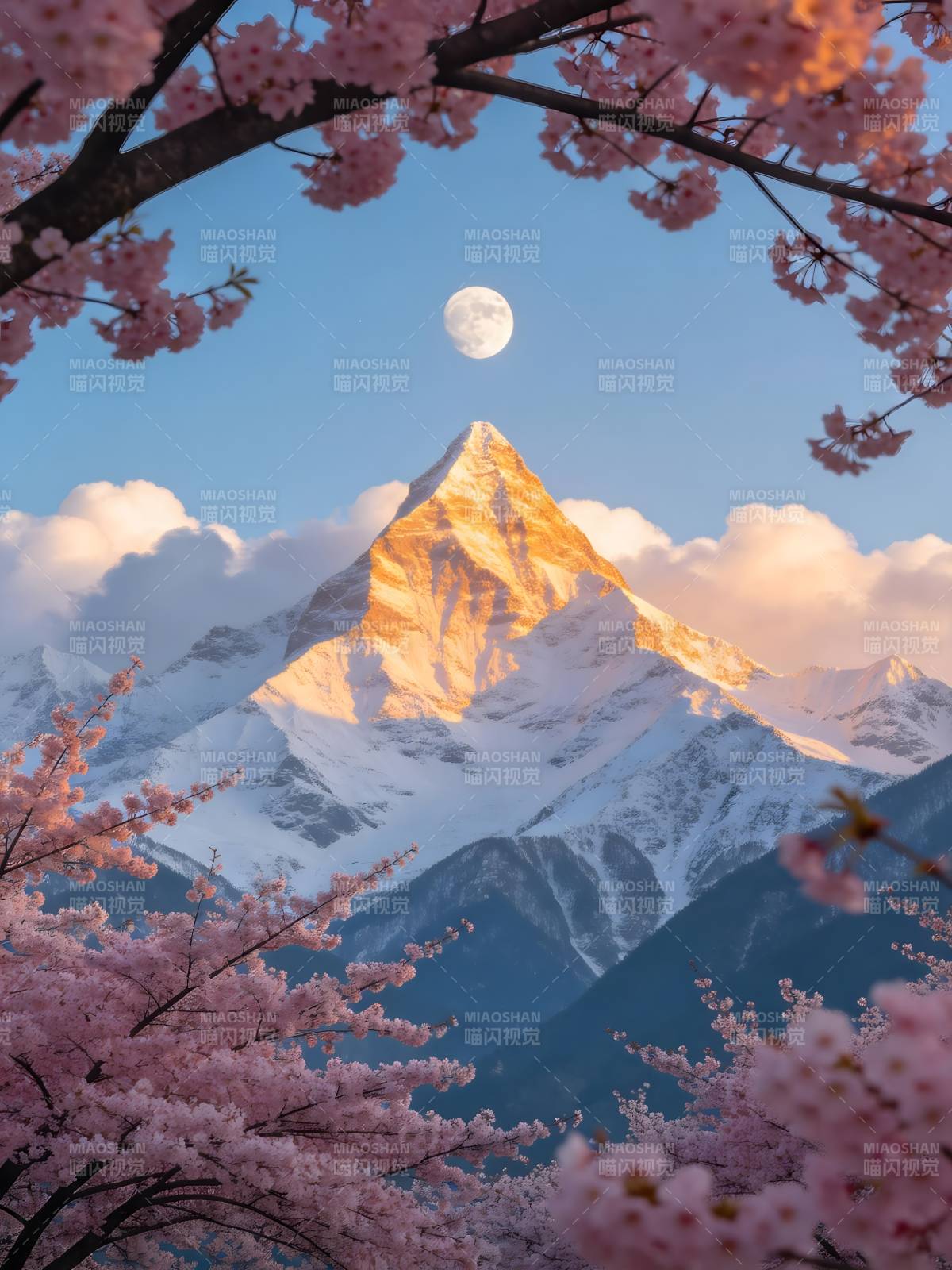 樱花映雪山月图片