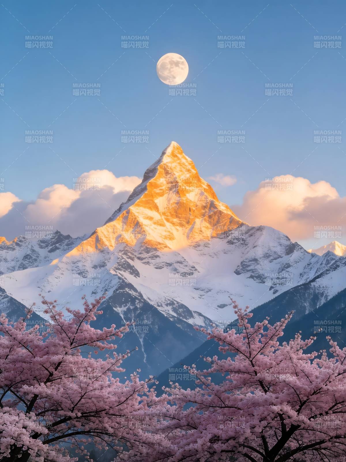 雪山映月樱花绽图片