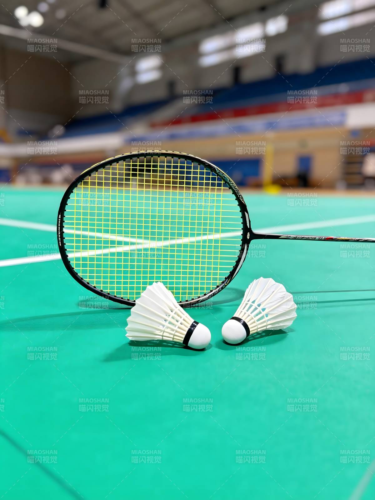 羽毛球拍与球静置场中图片