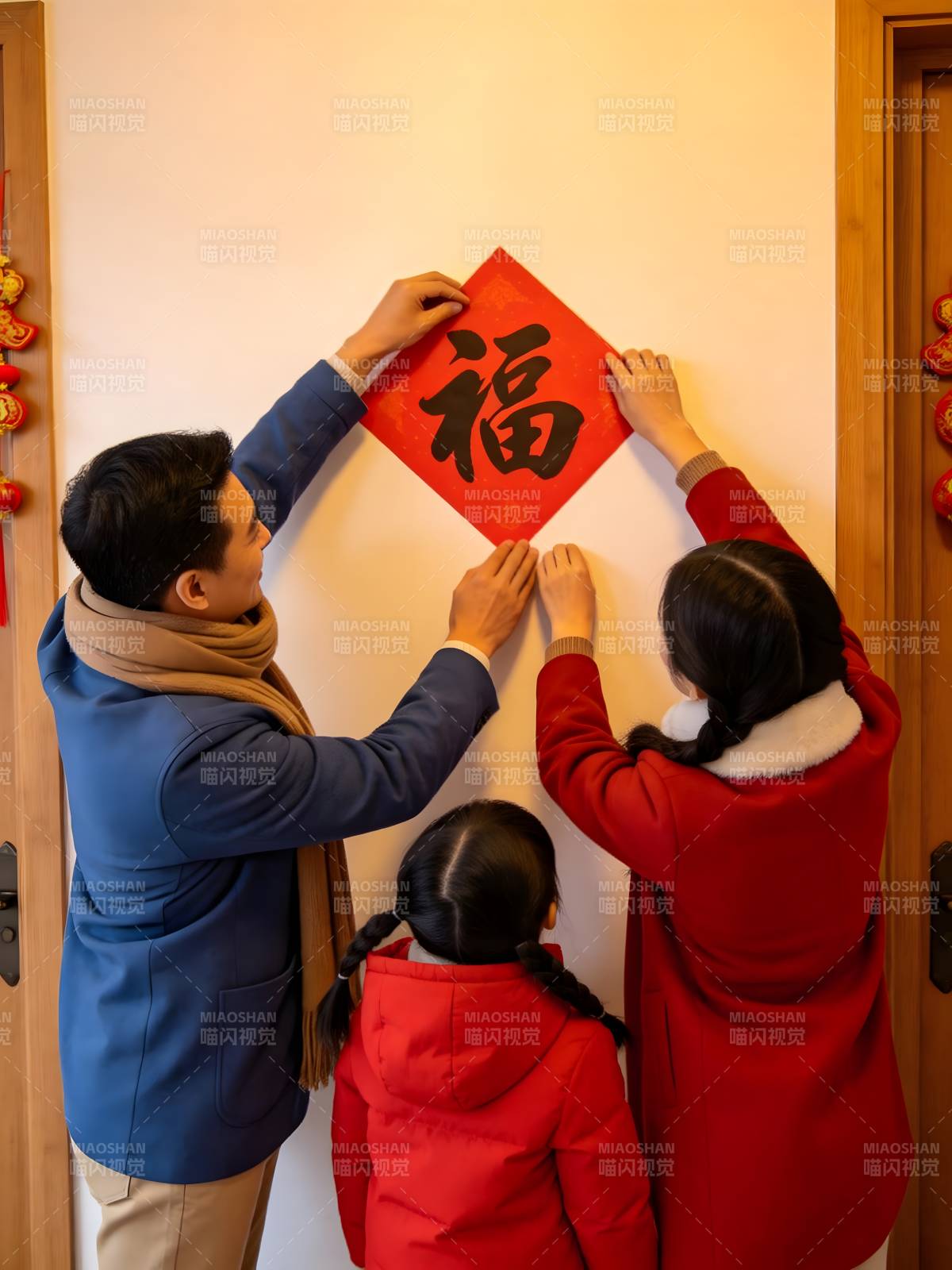 一家三口贴福字图片