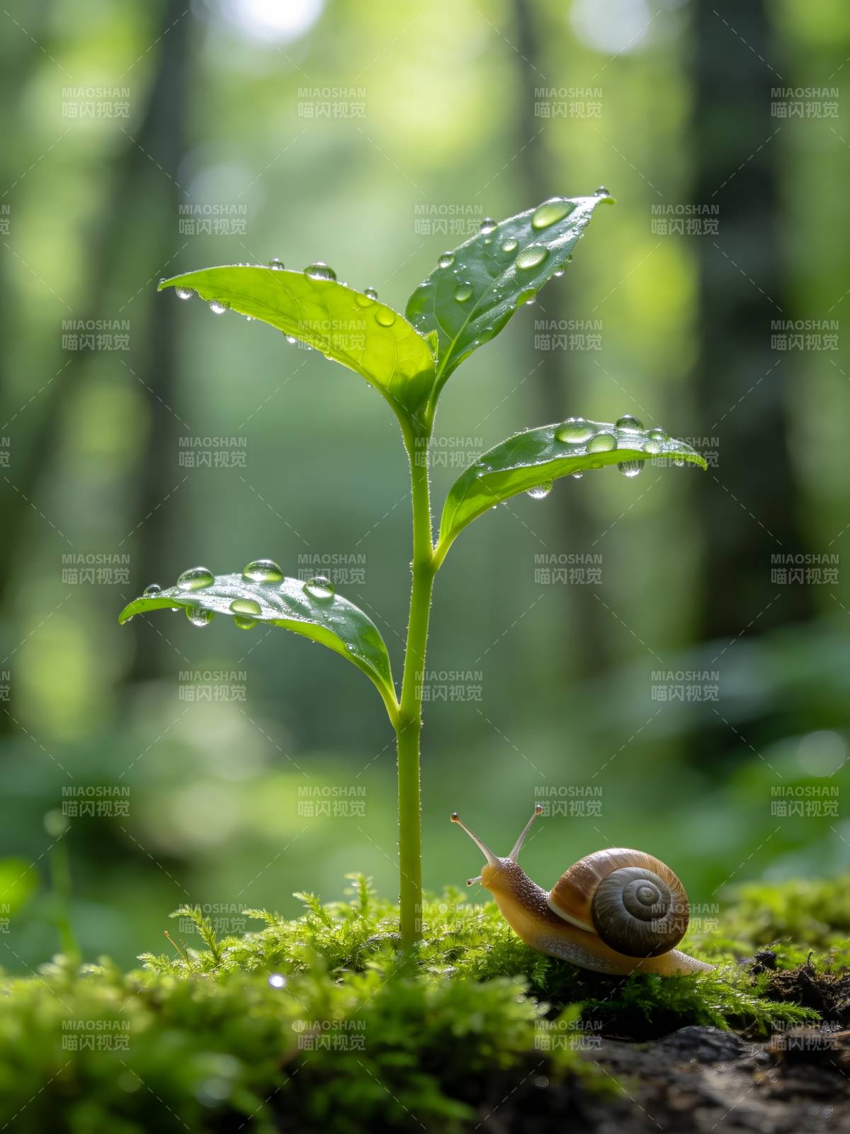 雨露中的嫩芽与蜗牛图片