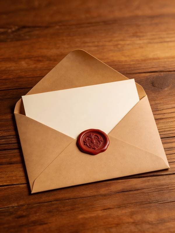 信封蜡封静置木桌图片