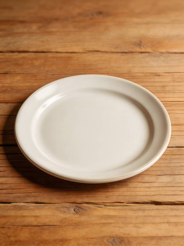 白盘木桌静置图片