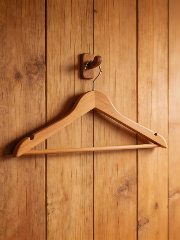 木衣架挂于木墙图片