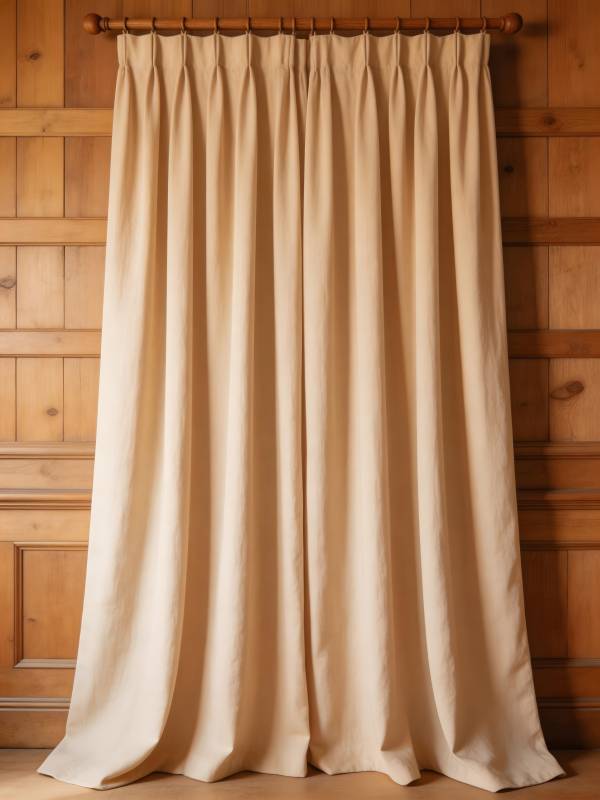 米色窗帘挂木墙图片