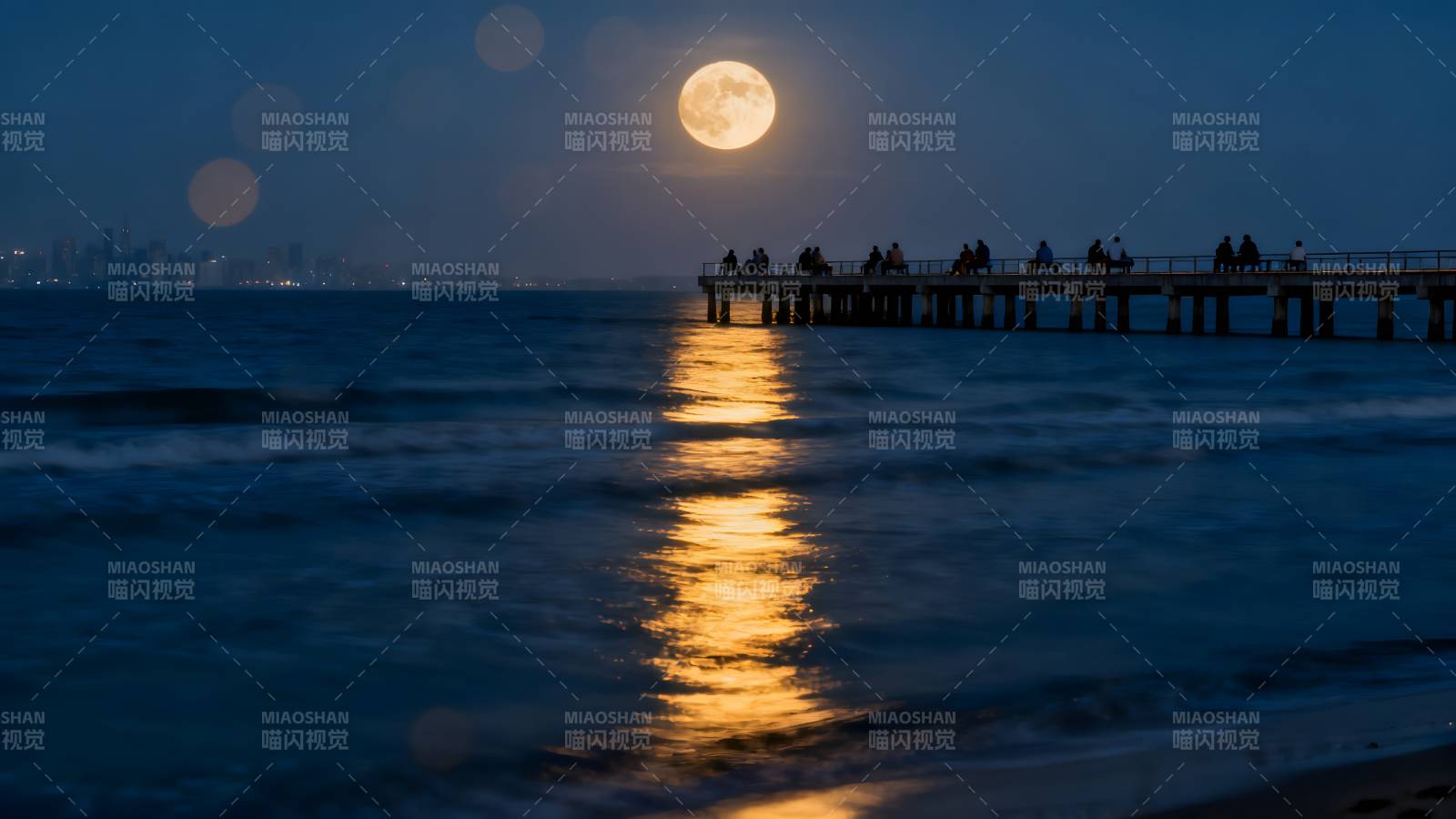 月光下的海港夜景图片