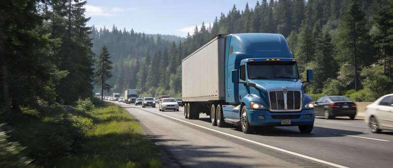 蓝色卡车行驶在林间公路图片