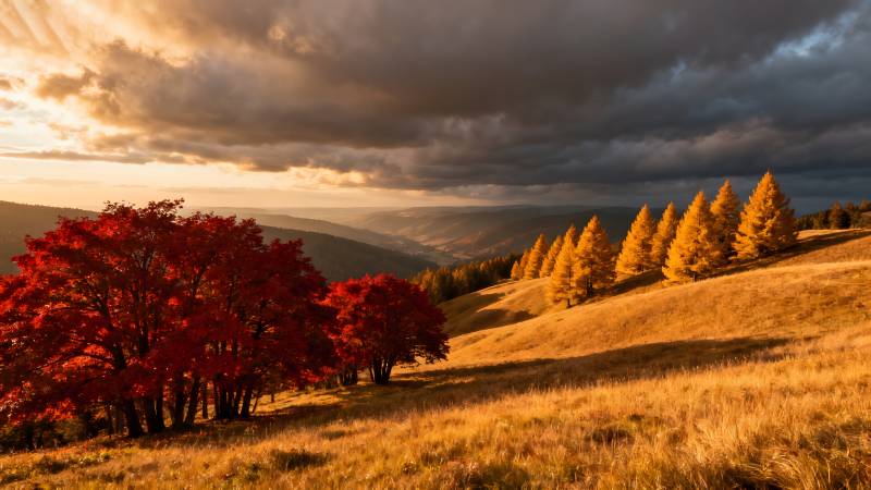 秋山红叶映晚霞图片