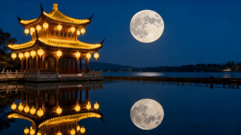 月下亭影 湖光如镜图片