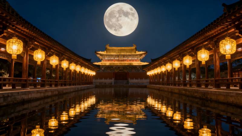 月照古殿 灯火映水图片