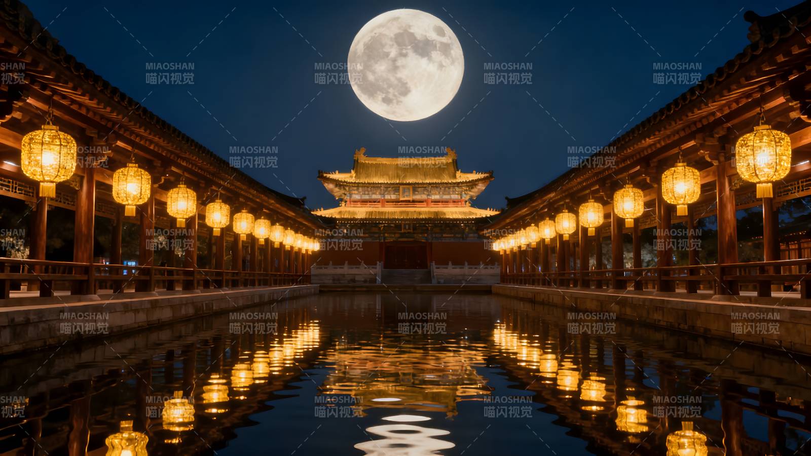 月照古殿 灯火映水图片