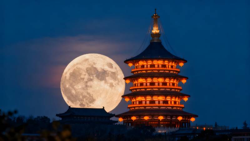 月照古塔夜景图片