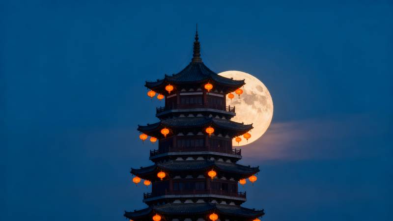 古塔映月夜景图片