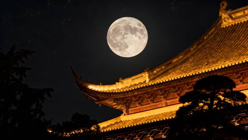 月下古寺夜景图片